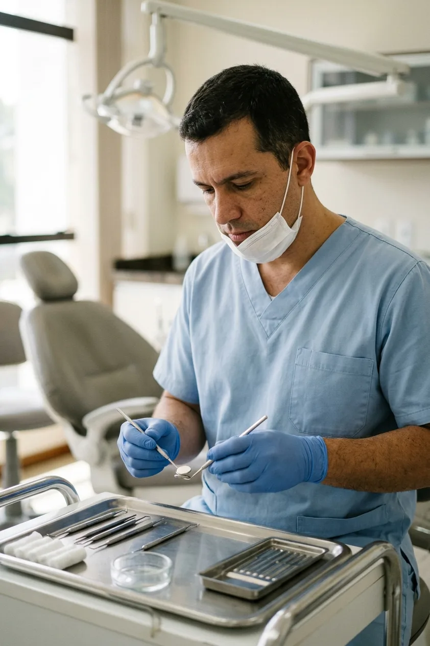 Profissional odontológico preparando instrumentos em consultório